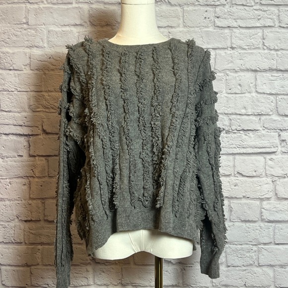 Madewell Merino Wool Fringe Sweater Gray Women's XL Crewneck Textured Knit - Picture 1 of 9
